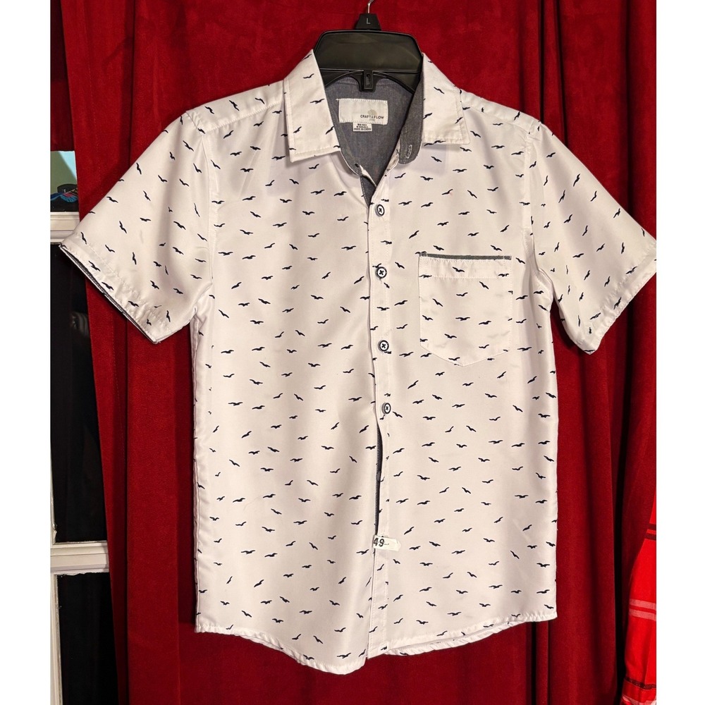 Craft + Flow Button Down Kid Size 8 White Good Seagull Print Short Sleeve Pocket